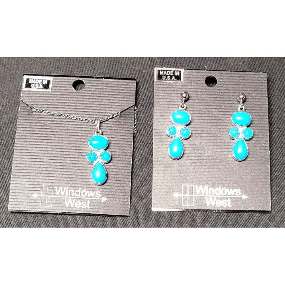 Windows West Turquoise Silver Metal Teardrop Dangle Pierced Earring/Necklace Set